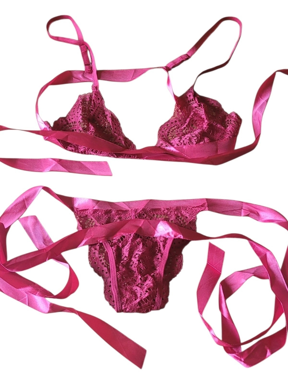Lace Ribbon Bralette & Bikini Set - Hot Pink